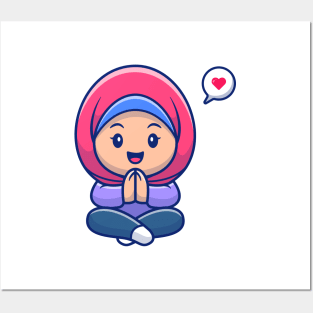 Cute girl moslem sitting and greeting Posters and Art